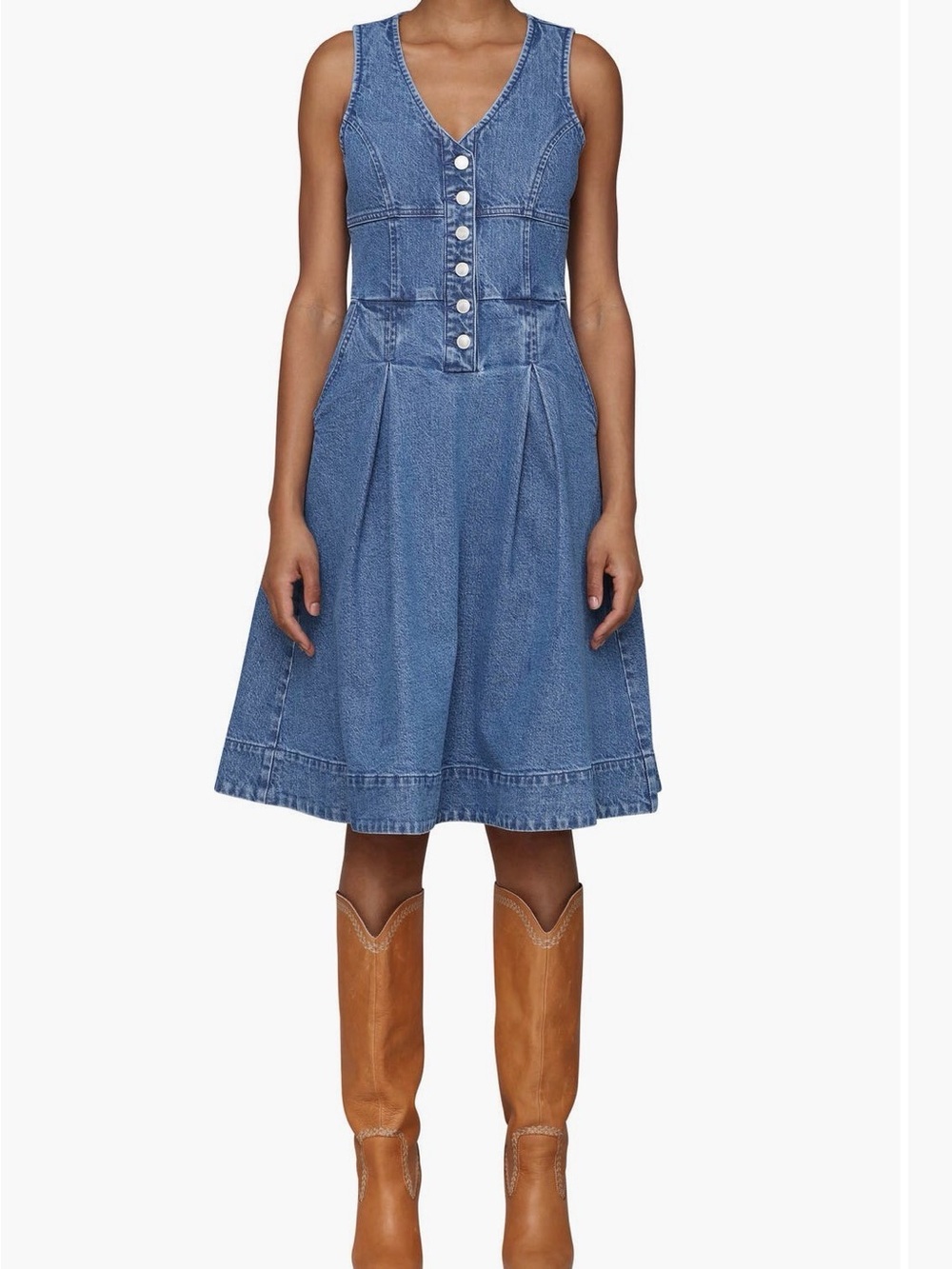 Avec Les Filles Denim V-Neck Button Front Dress - Blue